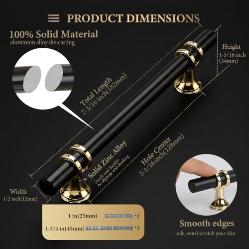 Haliwu 10 Pack 5 Inch Black and Gold Cabinet Handles | 128mm Hole Center, Solid Aluminum and Zinc Alloy, Kitchen Pulls Hardware for Bathroom Drawer Dresser - color: Black&Gold, size: 5-inch (128mm) hole spacing
