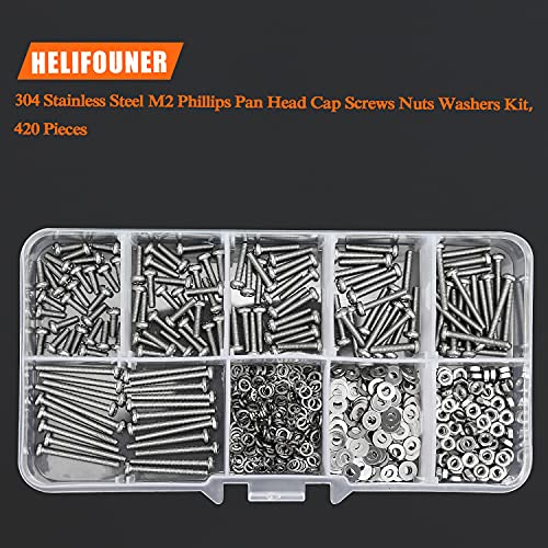 HELIFOUNER 420 Pieces M2 x 6mm /8mm /10mm /12mm /16mm /20mm, Phillips Pan Head Machine Screws, Metric Screws Bolts Washers Nuts Kit, 304 Stainless Steel - size: M2