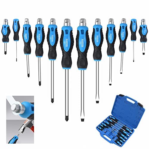 12-Piece Magnetic Screwdriver Set, Heavy Duty Screwdriver Set Go-Thru Steel Blades, High Torque 6 Phillips & 6 Flat Head Tips Screwdrivers Set with Case