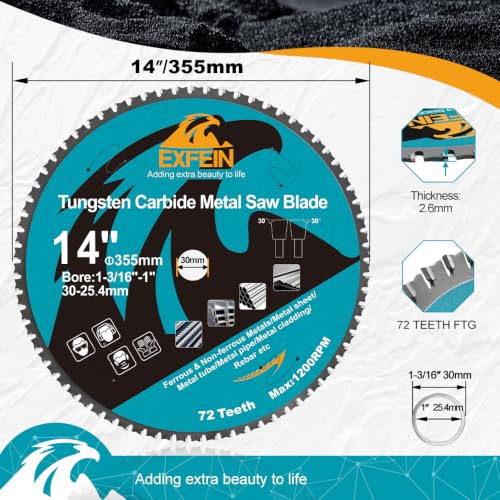 14 Inch 72T Metal Circular Saw Blade - EXFEIN Tungsten Carbide Tipped Saw Blade Arbor 1-3/16" for Metal Sheet or Pipe, Angle Iron, Rebar, Ferrous Metals, Non-Ferrous Metals - size: 14"