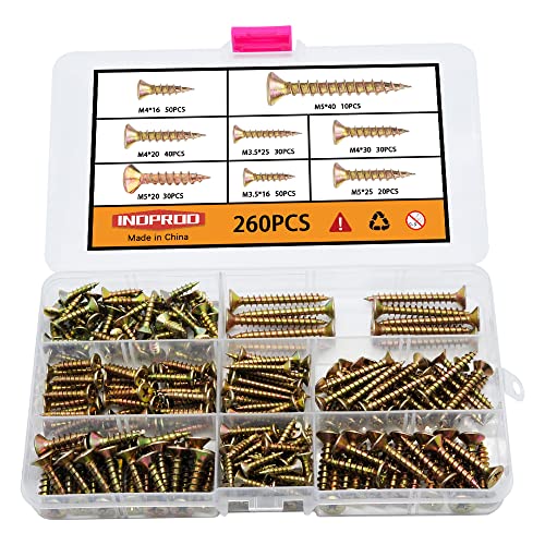 M3.5 M4 M5 Flat Head Wood Screws Assortment Kit 260 Pcs,Phillips Drive Countersunk Flat Head Self-Tapping Wood Screws,Yellow Zinc Plated Finish Screw Kit,Screws for Metal,Full Thread Screw Set - style: M3.5M4M5 260PCS