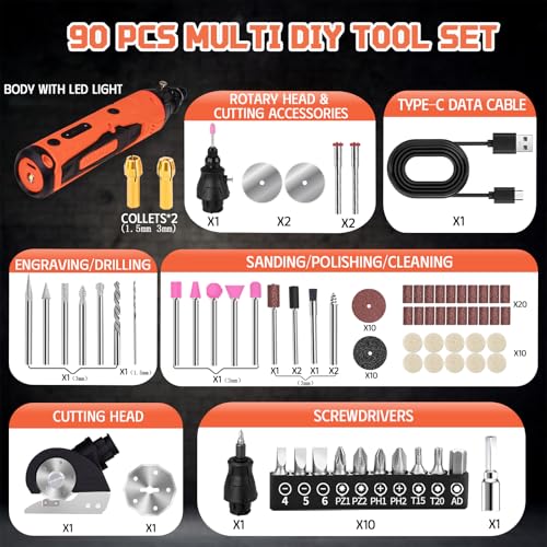4-in-1 Mini Cordless Rotary Tool Set,5-speed USB Charging with 90 Accessories,4V Multi-Purpose Electric Rotary Tool for Sanding,Polishing,Drilling,Etching,Engraving,DIY Crafts