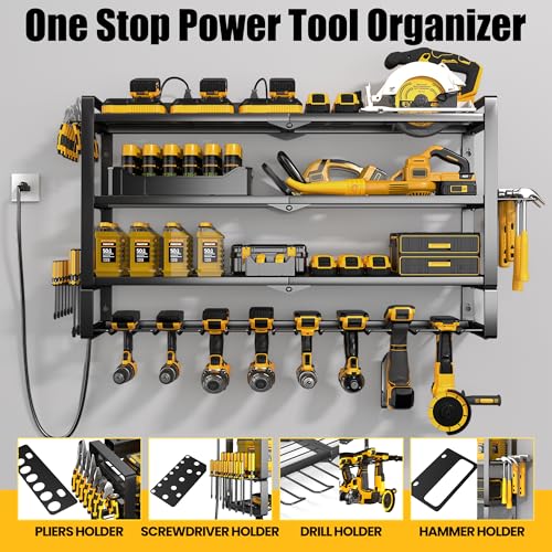 MOOMSINE Large Power Tool Organizer Wall Mount with Charging Station for Garage, 400lbs Metal Storage Rack with 8 Cordless Drill Holder, 4 Tier Heavy Duty Battery Tool Shelf with 5 Outlet Power Strip - size: 32 Inch（4 Tier Power Station）