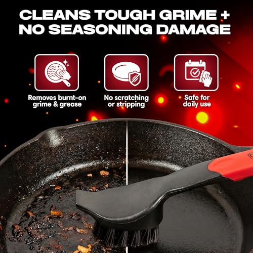 Cast Iron Scrub Brush with Heavy Duty Scraper - Nylon Bristles Dish Scrubber for Pans, Skillets and Woks – Kitchen Cleaner Removes Grime, Grease, Food Build Up - 90058 by Chef Master