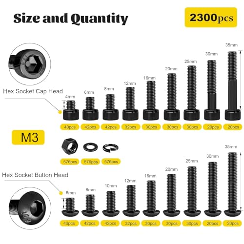 1500PCS M4 Hex Socket Head & Button Head Screws Nuts Assortment Kit - size: M3 2300pcs