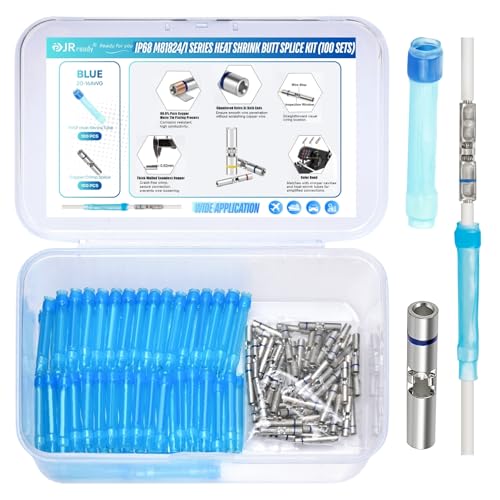 JRready 100Set AS81824 Crimp Splices IP68 Waterproof D-436-37 Blue Heat Shrink Butt Splice Connectors 20-16AWG (M81824/1-2 Equivalent) with Copper Crimp Splice & PVDF Tubes ST6389-16-100 - color: Blue Butt Splice&PVDF Tube-100Sets