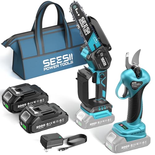 SEESII 2-in-1 Mini Chainsaw & Pruning Shears Combo, Brushless Motor - color: Navy Blue