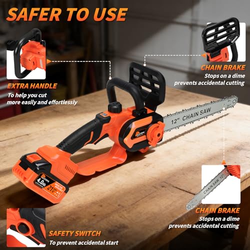 12 Inch Electric Chainsaw, Cordless Chain Saw with 2x4.0Ah Battery