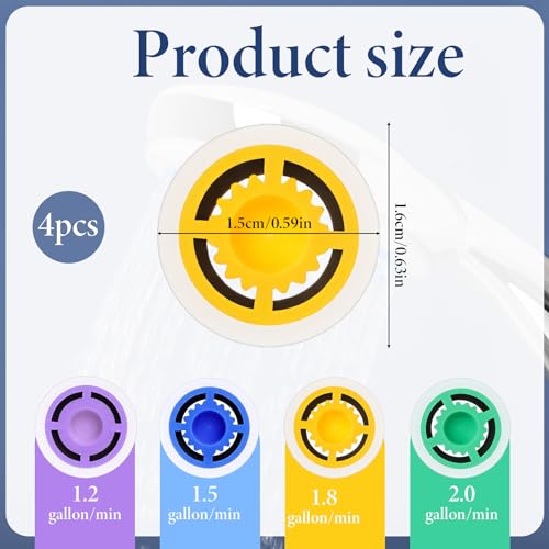 4 Pcs Shower Head Flow Restrictor, 1.2/1.5/1.8/2.0 GPM Shower Head Water Saver Plastic Flow Restrictor for Showers Heads, Water Saver Faucet Adapters Limiter Pressure Reducer for Bathroom Toilet