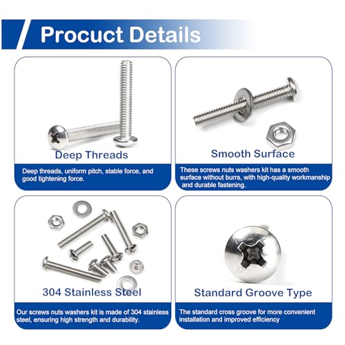 280Pcs #8-32 x 1/4" to 1-1/4" Pan Head Machine Screws Kit with Nuts Washers - size: #8-32