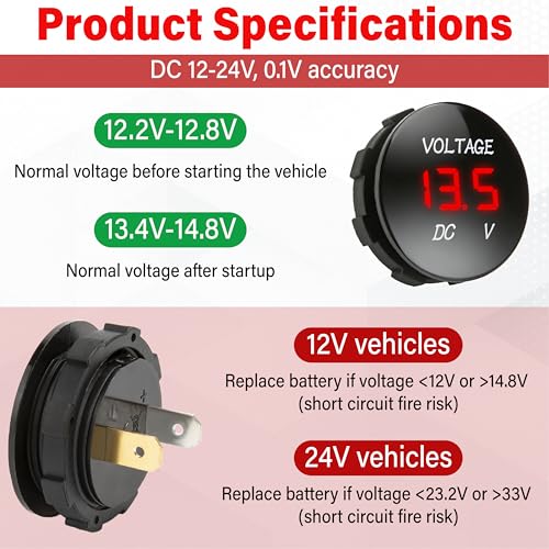 2 PCS DC 12V 24V Volt Meter, Car LED Digital Voltmeter Gauge - color: 2 PCS Red