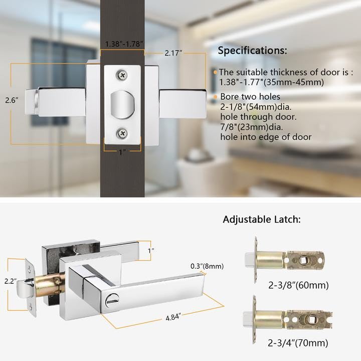 Probrico Polished Chrome Privacy Door Levers Heavy Duty Lockset for Interior Bedroom/Bathroom, Flat Square Universal Handing Handlesets/Leversets, 6 Pack - color: Polished Chrome