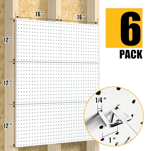 Spampur Peg Board, 6 Pack Metal Pegboard Panels with 50 Hooks - color: White, size: 16x12"- 6 Pcs