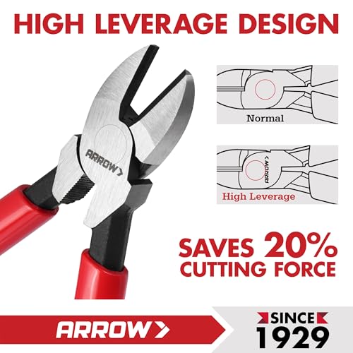 ARROW 6" High Leverage Diagonal Cutting Pliers, Wire Cutters, Side Cutters | Reinforced Jaws, Non-Slip Handle, Premium High Carbon Steel, Comfortable Grip, For Cutting Wires - size: 6 INCH