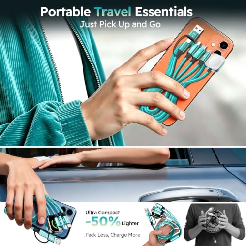 Travel Essentials Multi Charging Cable with iWatch Charger/2 USB-C/IP, 5FT - color: Emerald, size: 1Pack 5FT