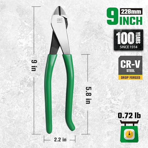 SK 9" Angled Side Cutters, Heavy Duty Diagonal Cutting Pliers, Wire Cutters