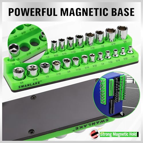 Magnetic Socket Organizer Set, 6-piece 1/4", 3/8", 1/2" SAE & Metric Sockets Holder, Drive Socket Trays, Storage Tool Box, Holding 143 Slots, Soft Rubber Covering Black Green Tools - style: 6PCS Green/Black