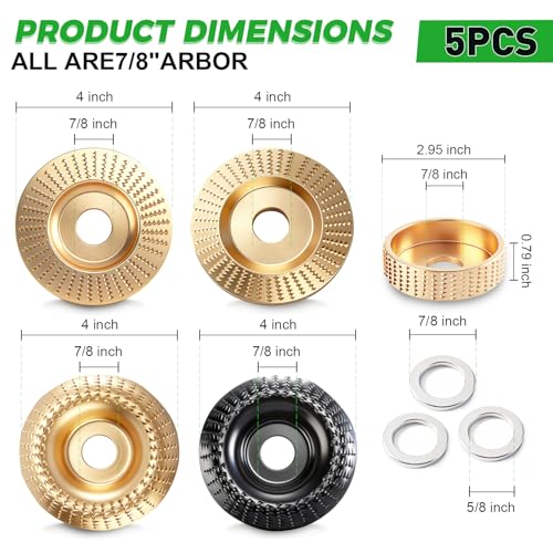 5PCS Wood Carving Disc Set for 4 and 4 1/2 Angle Grinders, Grinding Wheel Shaping Disc with 7/8"-5/8" Arbor for Wood Carving,Tree Stump Cutting, DIY Woodworking & Wood Sculpting