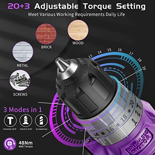 Purple Brushless Cordless Drill Set, 20V Compact Power Driver Kit with Electric Motor, 20+3 Torque Setting, 48 N.m, 2 Variable Speed, 23pcs Driver Bits, and Tool Box for Women Men Home DIY