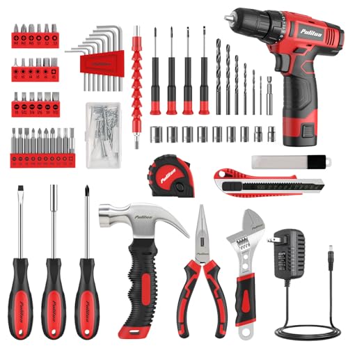 PULITUO 149-Piece Home Drill Set with Red 12V Cordless Drill, Hand Tools & Tool Box, Tool Kit for Women & Men and DIY Enthusiasts, for Home Improvement - style: 12V Set(Red)