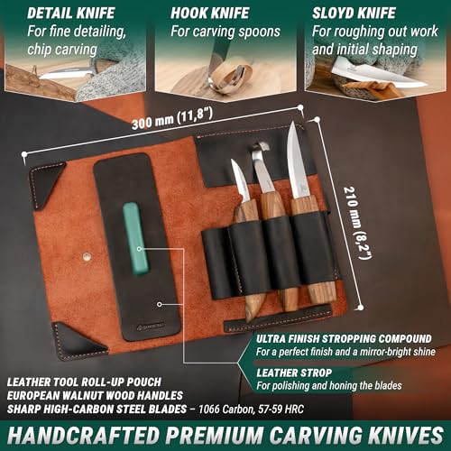 BeaverCraft Spoon Wood Carving Kit - Spoon Carving Tools Set with Hook Knife, Sloyd, Chip, Small Detail Whittling Knives S13X - Deluxe Whittling Knife Set with & Leather Strop and Leather Case