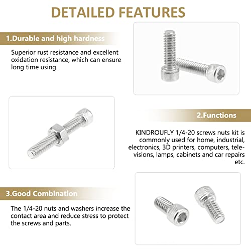 58 Pieces 1/4-20 x 1/2", 3/4", 1", 1-1/4", 1-1/2", Hex Socket Head Cap Screws Nuts Assortment Kit, 304 Stainless Steel, Fully Machine Thread - size: 1/4"-20, style: Socket Head