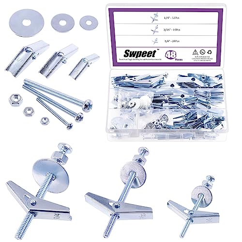 Swpeet 192Pcs-48 Set Toggle Bolts and Wing Nut Kit with Hex Nuts, Washers, Toggle Bolt Assortment Kit, Butterfly Toggle Anchors for Hanging Heavy Items on Drywall - 1/8 Inch, 3/16 Inch, 1/4 Inch - size: 1/8 Inch + 3/16 Inch + 1/4 Inch