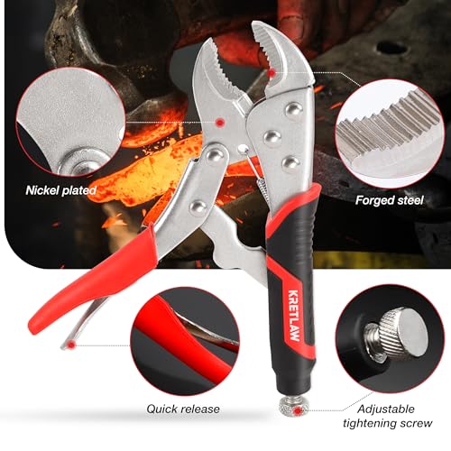 Vice Grips Pliers Set, 6-Piece Locking Pliers Set, 6-1/2”&9-1/2” Long Nose Locking Pliers, 5”, 7” and 10” Curved Jaw Vise Grip Pliers, 6” C-clamp with Rolling Pouch