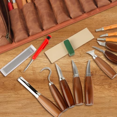 Deluxe Wood Carving Kit, Wood Carving Tools Set, 8Pcs Whittling Knifes & 5Pcs Detail Carving Knives with Large Leather Case & Gloves, Wood Whittling Kit for Beginners and Carpenter Experts