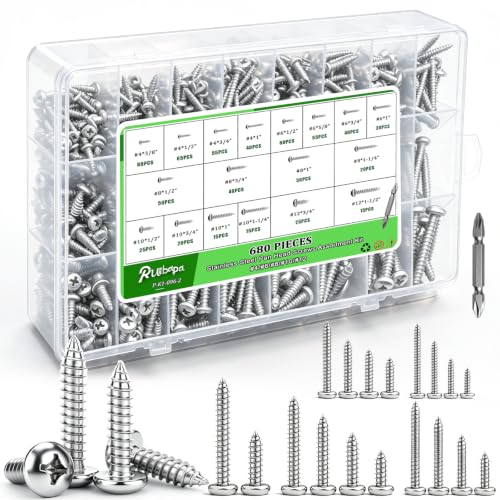 680PCS Wood Screws Assortment Kit,304 Stainless Steel Pan Head Screws, #4#6#8#10#12 Sheet Metal Screws Length 1/4" to 1-1/2",Self Tapping Screws Set - size: 681PCS-SV