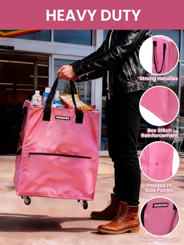 WORKPRO Medium Rolling Grocery Bag, 18-Gallon Rolling Tote with 4 Wheels - color: Pink, size: Medium