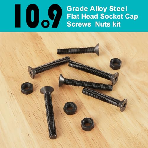 M5 x 10mm 20mm 30mm 40mm, Flat Head Hex Socket Cap Screws Bolts, Countersunk Bolts and Nuts, 10.9 Grade Alloy Steel, Black Oxide, Metric Allen Drive, Fully Thread, Assortment Kit 80PCS - size: M5x10-40mm+Nuts