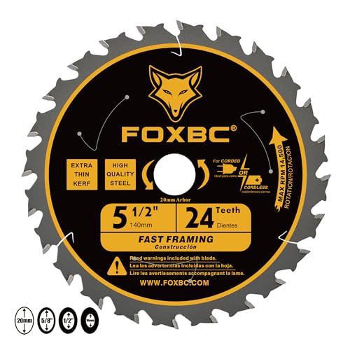 FOXBC 5-1/2" Circular Saw Blade 24T 48T Fast Framing for Wood Cutting, 20mm Arbor with 10mm, 1/2", 5/8” Bushings - 2 Pack