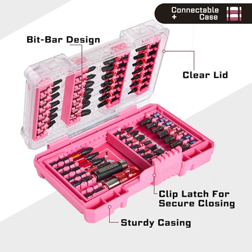 Geinxurn 48Pieces Impact Screwdriver Bits Set, Magnetic S2 Steel Phillips/Slotted/Square/Torx Insert Power Bits Tips, Impact Bit Holder with Pink Storage Box Case - style: STKB048-PK