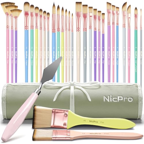 Nicpro 30pcs Paint Brush Set, Aesthetic Pastel Paintbrushes with Paint Spatula and Cloth Roll, Craft Paint Brushes for Acrylic Painting Oil Watercolor Gouache, Art Supplies for Women Artists Beginners - color: Pastel