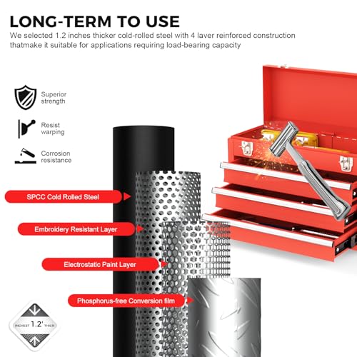 3 Drawer Metal Tool Box, Portable Metal Tool Box with EVC Liners and Latches Closure, Heavy Duty Steel Tool Chest with Ball Bearing Opening and Powder Coated Finish, Red - color: Red