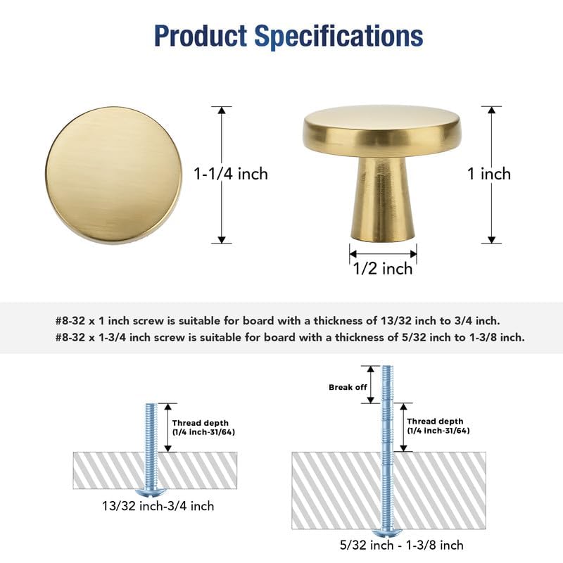 JOY DECOR Gold Solid Kitchen Cabinet Knobs 1-1/4 Inch 5 Pack - color: Brushed Brass