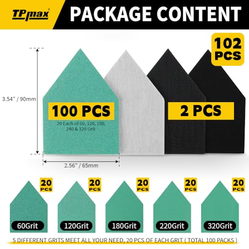 TPmax 102 Pack 90x65mm Detail Sander Set Compatible with Milwaukee M12, 60/120/180/240/320 Grit Sandpaper & 2 Interface Pads, Heavy Duty Hook & Loop Anti Clogging Polyester Film - size: Mixed Grit with 2 Interface Pads