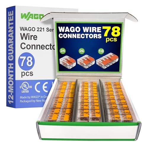 WAGO 221 Series 78pc Compact Splicing Wire Connectors | Includes (34x 221-412) (26x 221-413) (18x 221-415) | WAGO Wire Connectors | Electrical Splicing Lever Nuts | 221 Series Lever Nuts | 2-3-5 Ports - style: NAA221-78