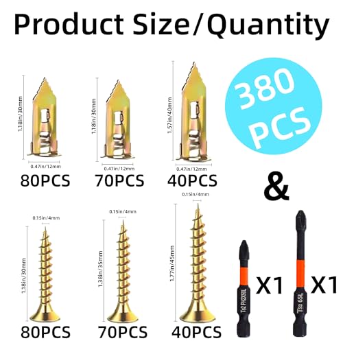 380 PCS Self Drilling Drywall Anchors with Screws Kit,2 Sizes Sheetrock Anchors & 3 Sizes Zinc Expansion Screws with 2 Drill Bits - Zinc-Plated Steel Material - No Drill Required Holds Up to 75LB - size: 380Pcs 3Size kit