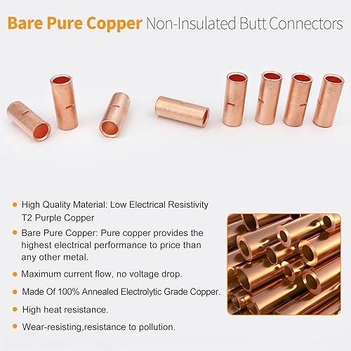 SVAAR Butt Connectors Kit 132PCS 4/6/8/12-10 Gauge Crimp Butt Splice Wire Connectors Non Insulated Butt Splice Connectors Bare Pure Copper 66 PCS Uninsulated Butt Terminals & 66 PCS 3:1 Heat Shrink - color: Non-Insulated Splice - Bare Copper