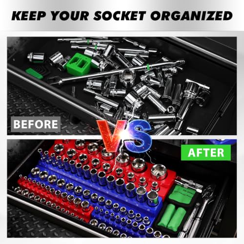 8-Piece Magnetic Socket Organizer Set, SAE & Metric Socket Holders for 1/4", 3/8", 1/2" Drive, Holds 199 Sockets, Rubber-Coated Toolbox Storage Trays, Blue and Red Tool Box Organizer - style: 8PCS Red/Blue