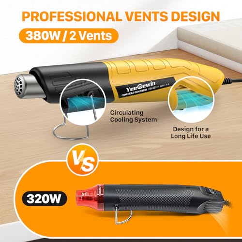380W Mini Heat Gun, 2-Temp 480°F & 850°F for DIY & Crafts-Yellow - color: Yellow