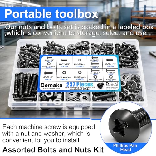 237PCS Machine Screws Nuts and Bolts Assortment Kit, 304 Stainless Steel Bolts 8 Sizes #6-32#8-32#10-24 Phillips Pan Head Hardware Screws Assortment Kit, Assorted Bolts, Nuts and Washers Kit - size: 237PCS