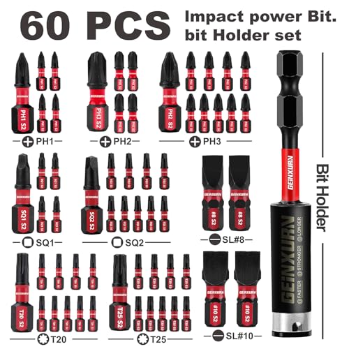 GEINXURN Screwdriver Bit Set with PH1/PH2/PH3/SQ1/SQ2/T20/T25/SL8/SL10 and 1Pcs Impact Bit Holder, 60Pieces Impact Rate Insert Driver Bit Set - size: MIXED-60PC