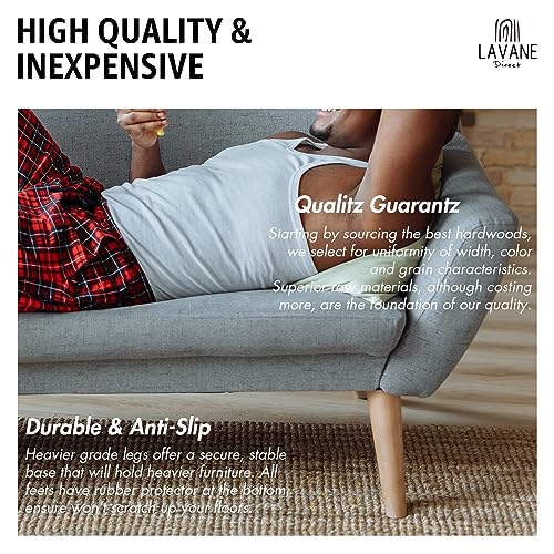 La Vane 8 inch Ash Wood Furniture Legs with Gold Caps, Set of 4 Mid-Century Modern Tapered Varished Wooden Replacement Feet with 5/16 Inch Bolt & Mounting Plate for Sofa Couch Bed Armchair Ottoman | Clear Coated, 400lb Load Capacity, Non-slip & Protects F
