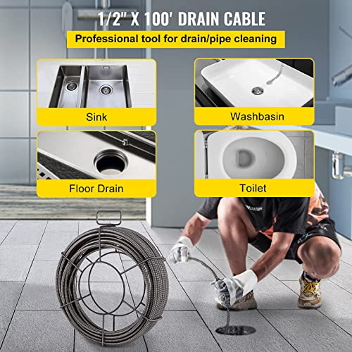 VEVOR Drain Cleaning Cable 100 ft x 1/2 inch Solid Core Cable Sewer Cable, Drain Auger Cable Cleaner, Snake Clog Pipe Drain Cleaning Cable W/Four Shapes of Cutters - style: 100Ft x 1/2Inch