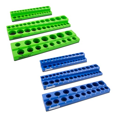 OEMTOOLS 22461 6-Pc Metric & SAE Magnetic Socket Tray Set Holds 143 Sockets | Magnetic Socket Organizer Tray, Non-Marring Rubberized Base, Clearly Marked Sizes, 1/4, 3/8, 1/2 Inch Sockets - style: Green and Blue