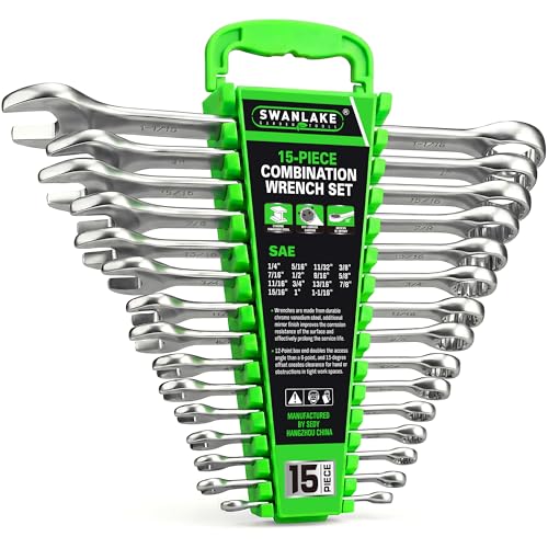SWANLAKE 15-Piece SAE Wrench Set, V Notch Premium Combination Wrenchs Set, SAE 1/4" to 1-1/16", Max Torque, 12-Point, Chrome Vanadium Steel, with Storage Rack - style: 15pcs SAE Combination