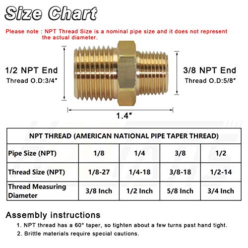 KOOTANS 1/2 NPT x 3/8 NPT Male Solid Brass Hex Nipples,4 PACK - size: 1/2 NPT x 3/8 NPT (O.D x O.D: 3/4'' x 5/8'')